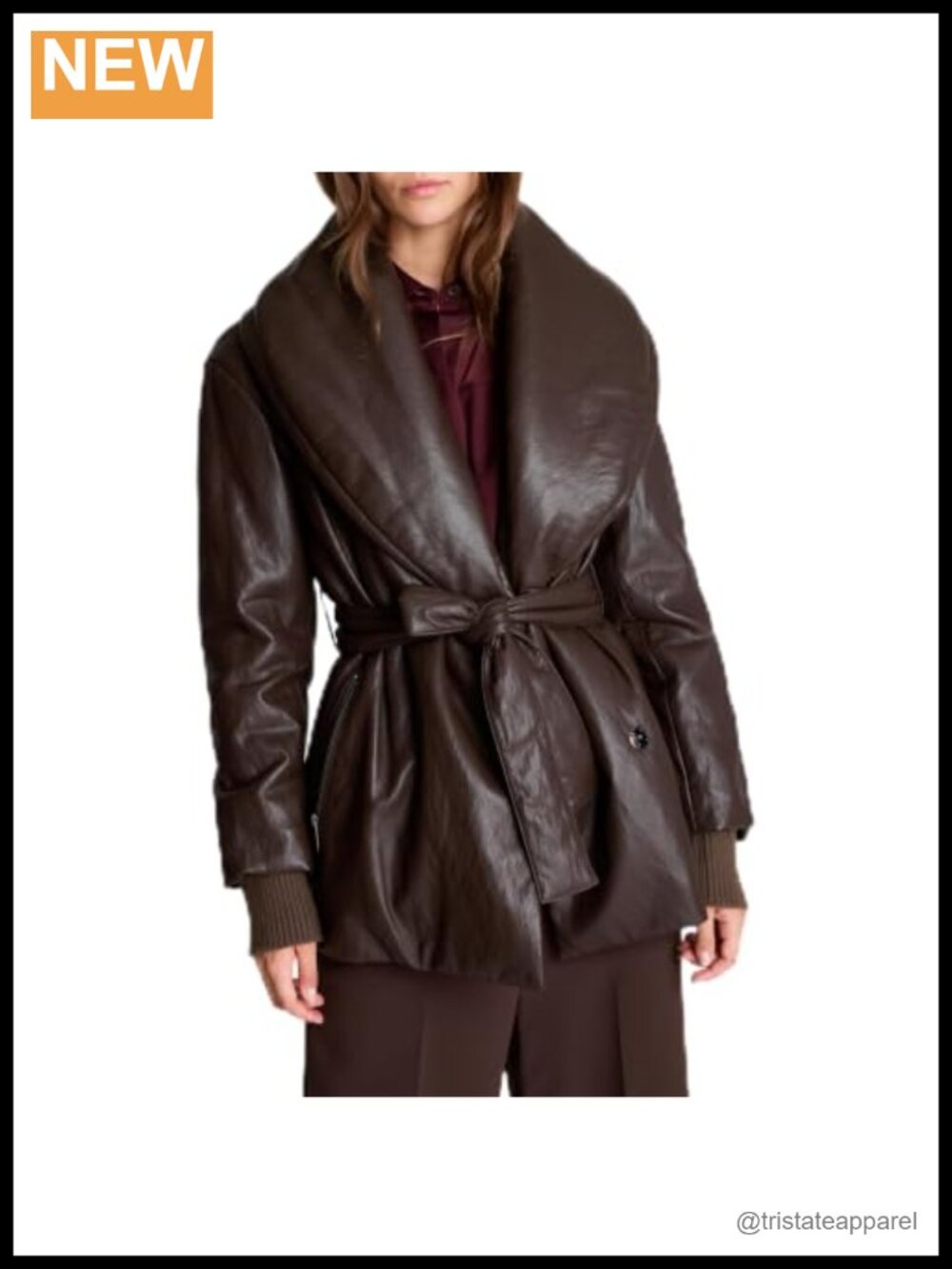 Faux Leather Belted Robe Coat Wrap Shawl Collar